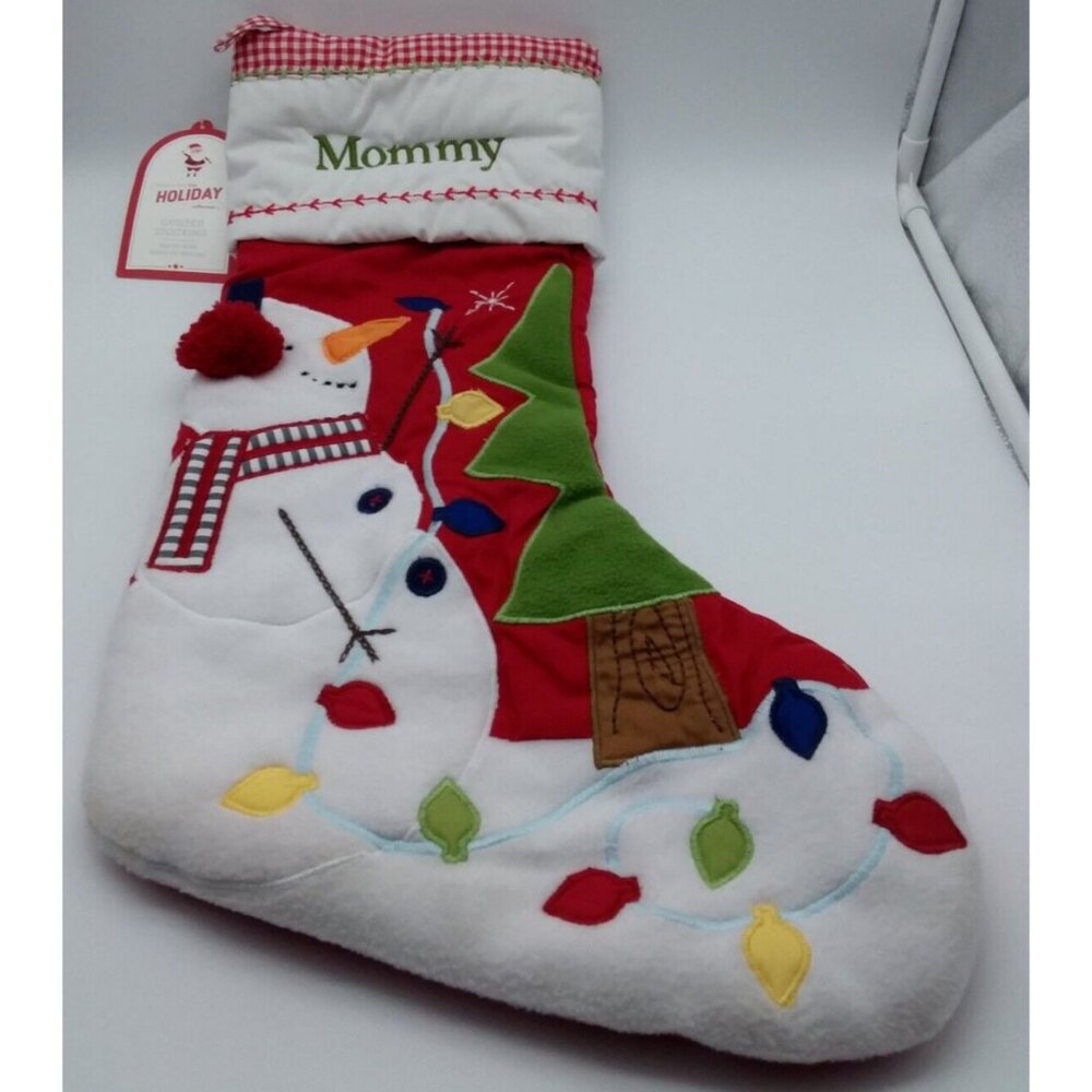 Pottery Barn Kids Christmas Stocking Snowman Mommy Holiday Quilted Red
